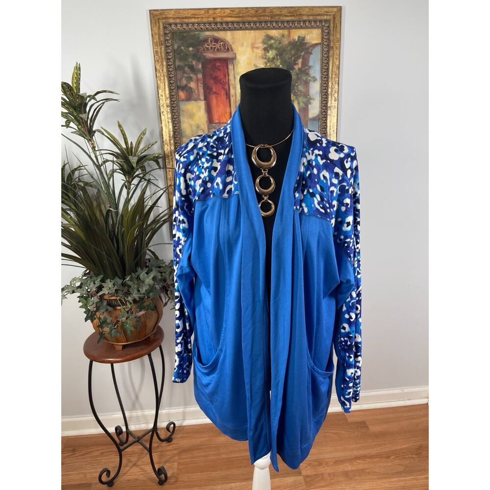 Isaac Mizrahi Live Cardigan Womens M Blue French Terry Open Front‎ Eclectic Bold
